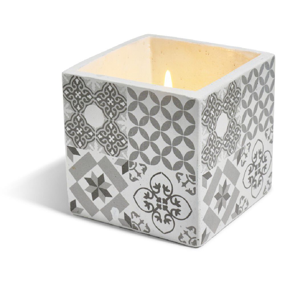 Bougie citronnelle pot ciment carré motifs carreaux gris 11x11x11cm