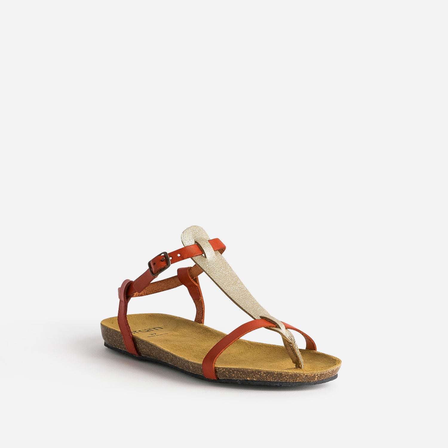 Sandale-tong anatomique rouge et doré en cuir