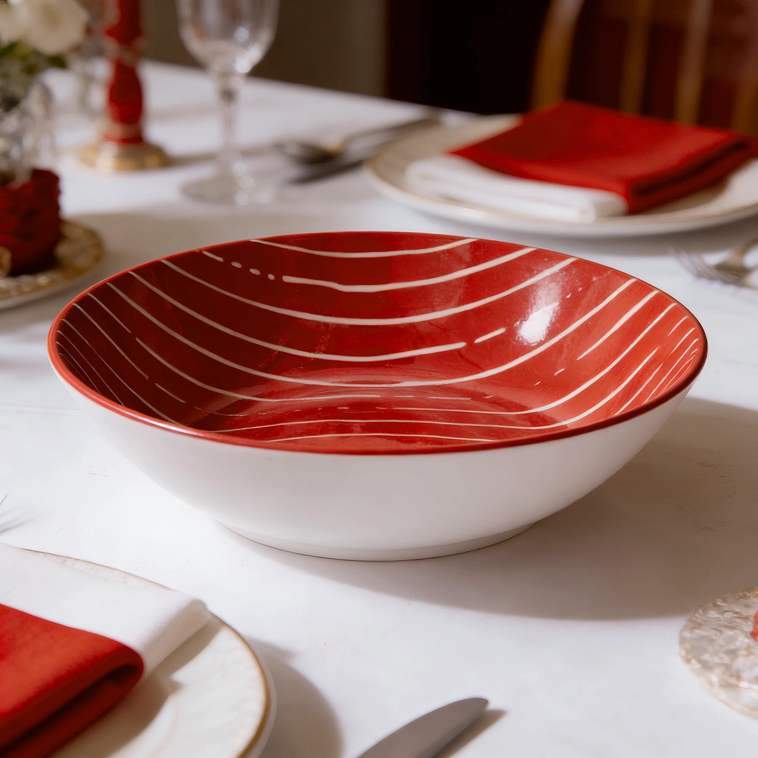Piatto fondo rosso righe bianche porcellana Mix e Match