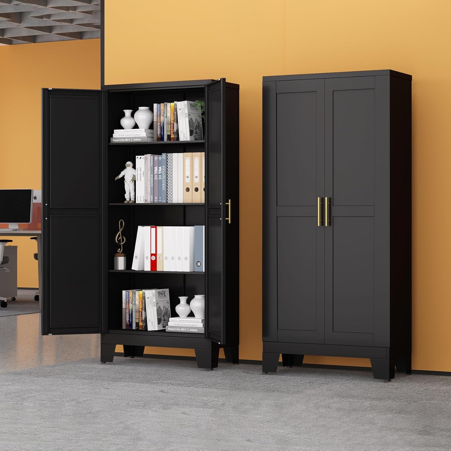 Black Metal Storage Cabinet, 61 Steel Cabinets for Home Office, Kitchen Pantry Storage Cabinet with Doors and 3 Adjustable Shelves, Metal Tool Cabinet, for Office, Home, Garage, School