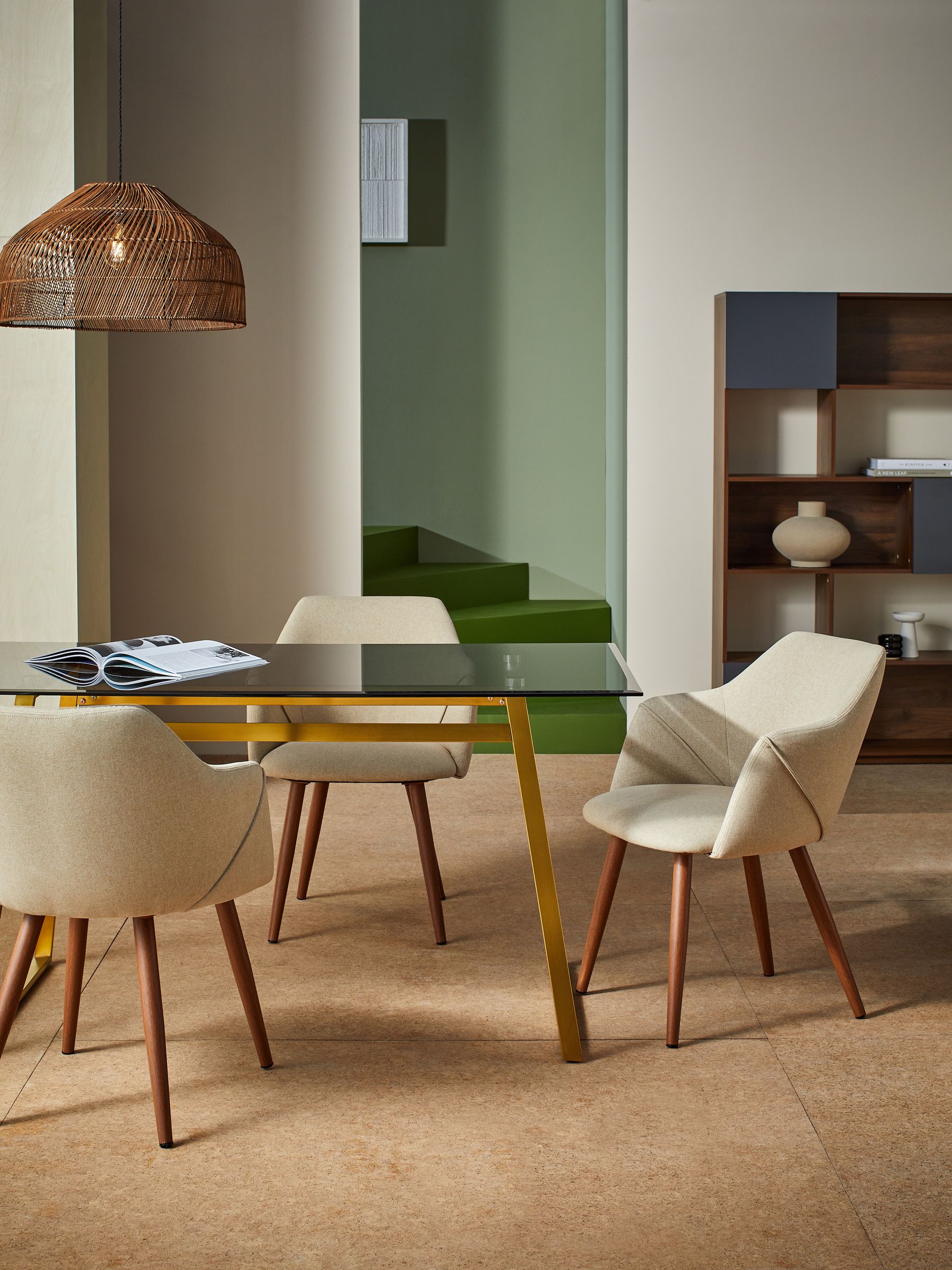 Set of 2 Lule Arm Dining Chairs in Ecru Marl and Walnut Effect Legs