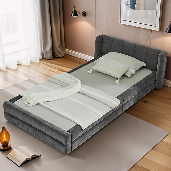 Lit 90x200 cm tapissé chenille Dark Gray avec tête de lit ergonomique et profil bas minimaliste