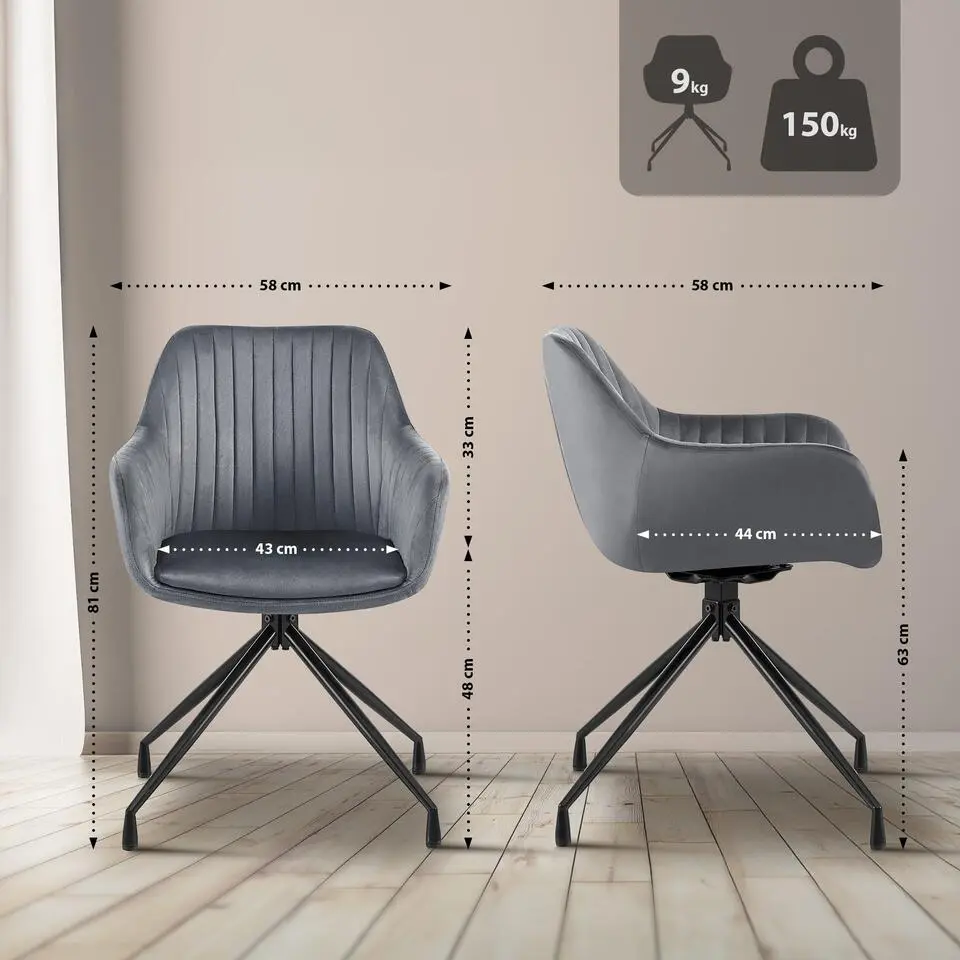 CLP Eetkamerstoel Welby zwart Frame - Fluweel - donkergrijs