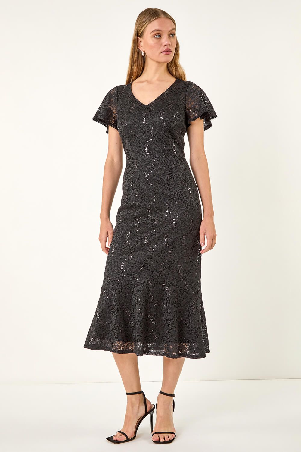 Roman Sequin Lace Ruffle Midi Dress