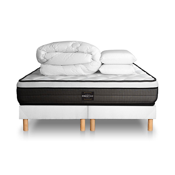 Pack sommier tapissier matelasRessorts ensachés et mémoire de forme avec couette et oreillers