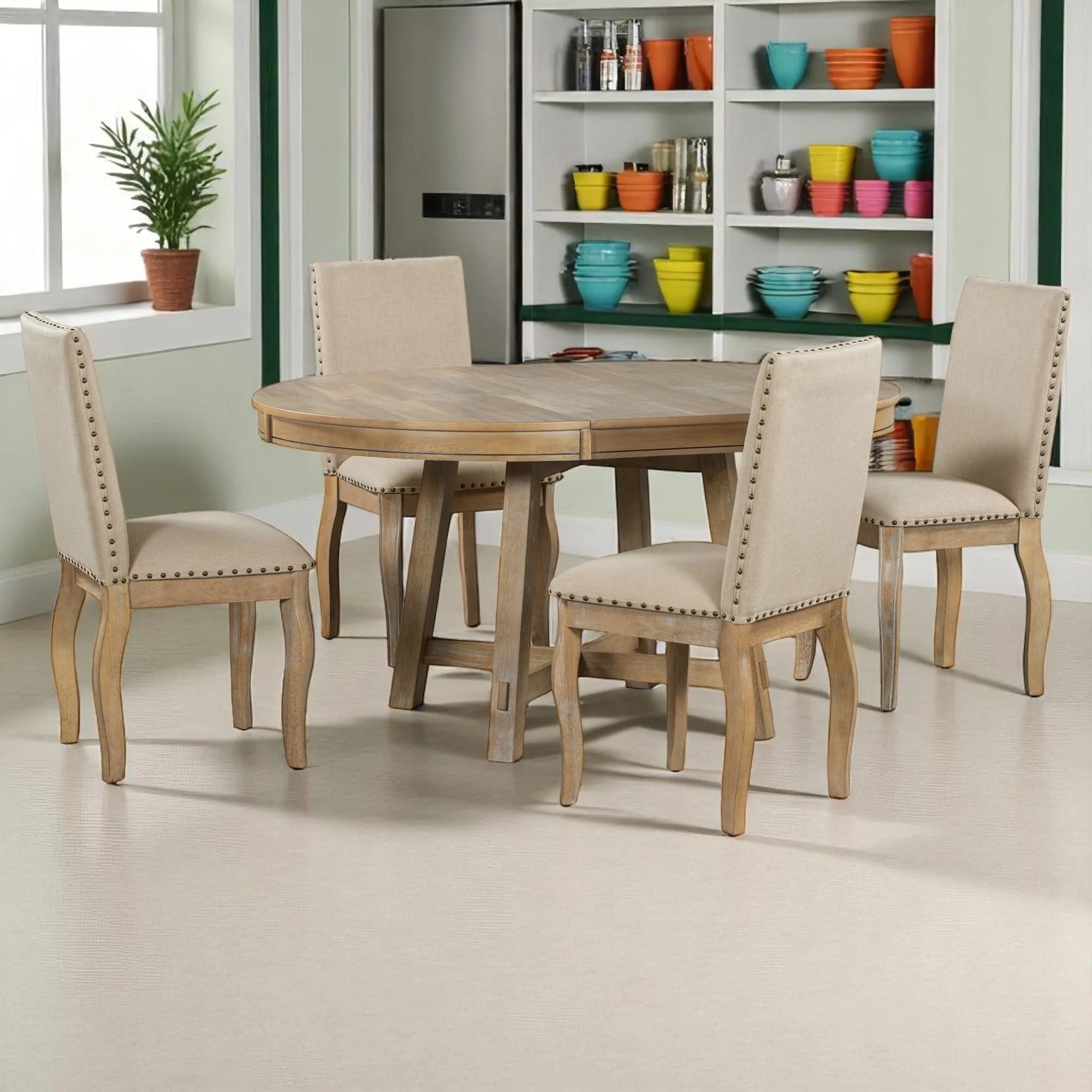 5-Piece Farmhouse Dining Set, Round Extendable Table with 4 Upholstered Chairs, Wood Dining Set for Kitchen and Dining Room