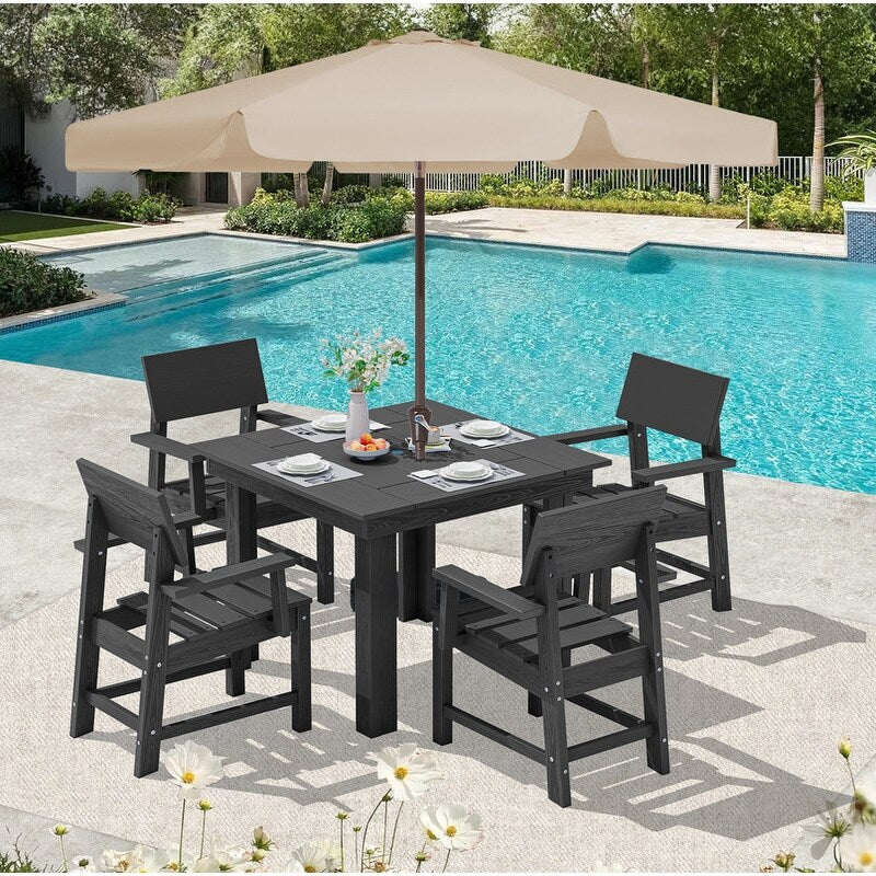 Set of 4 PE Outdoor Dining Armchairs with Wood Grain Finish, All-Weather, Smooth Armrest