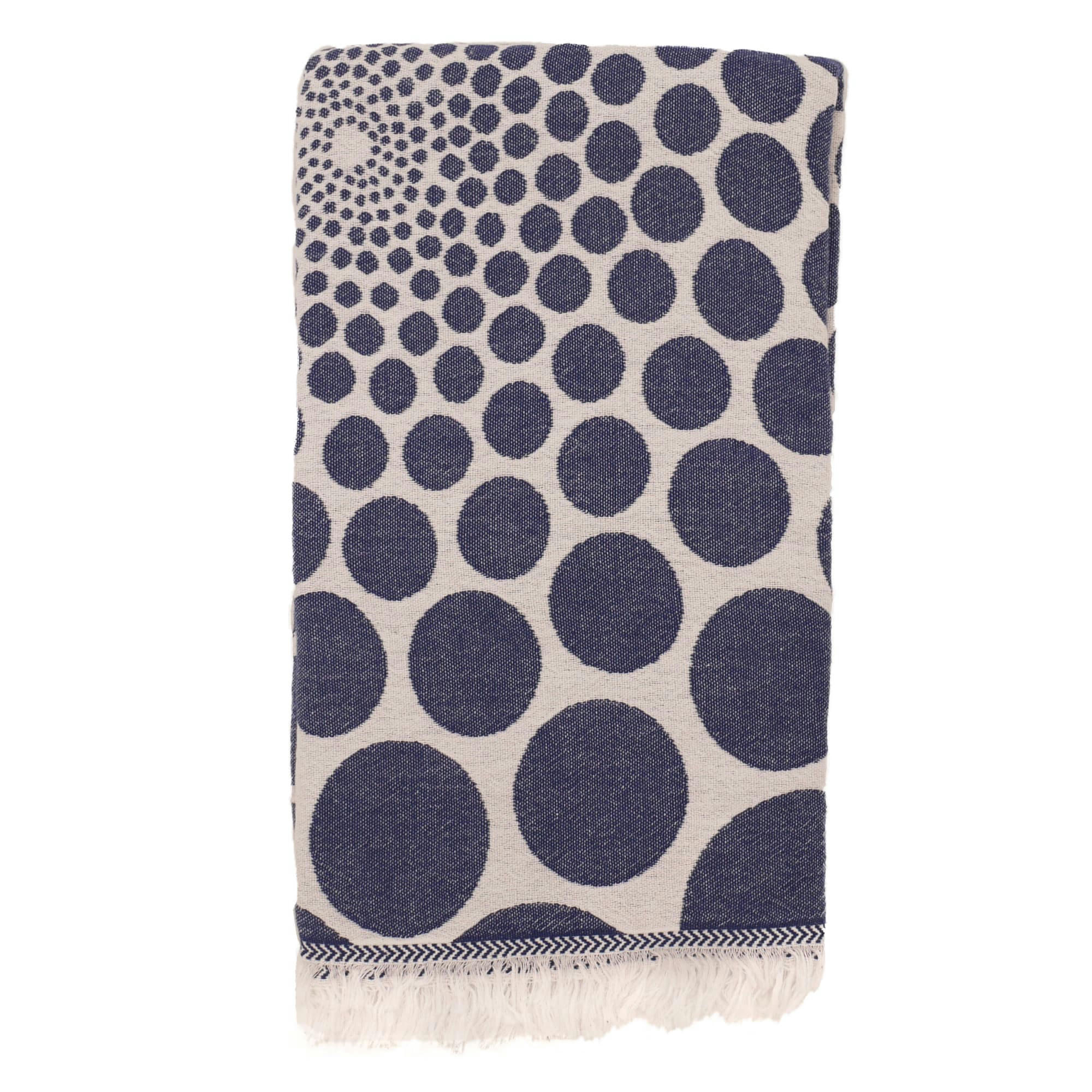 - Fouta pois en coton avec franges bleu marine 95x170cm