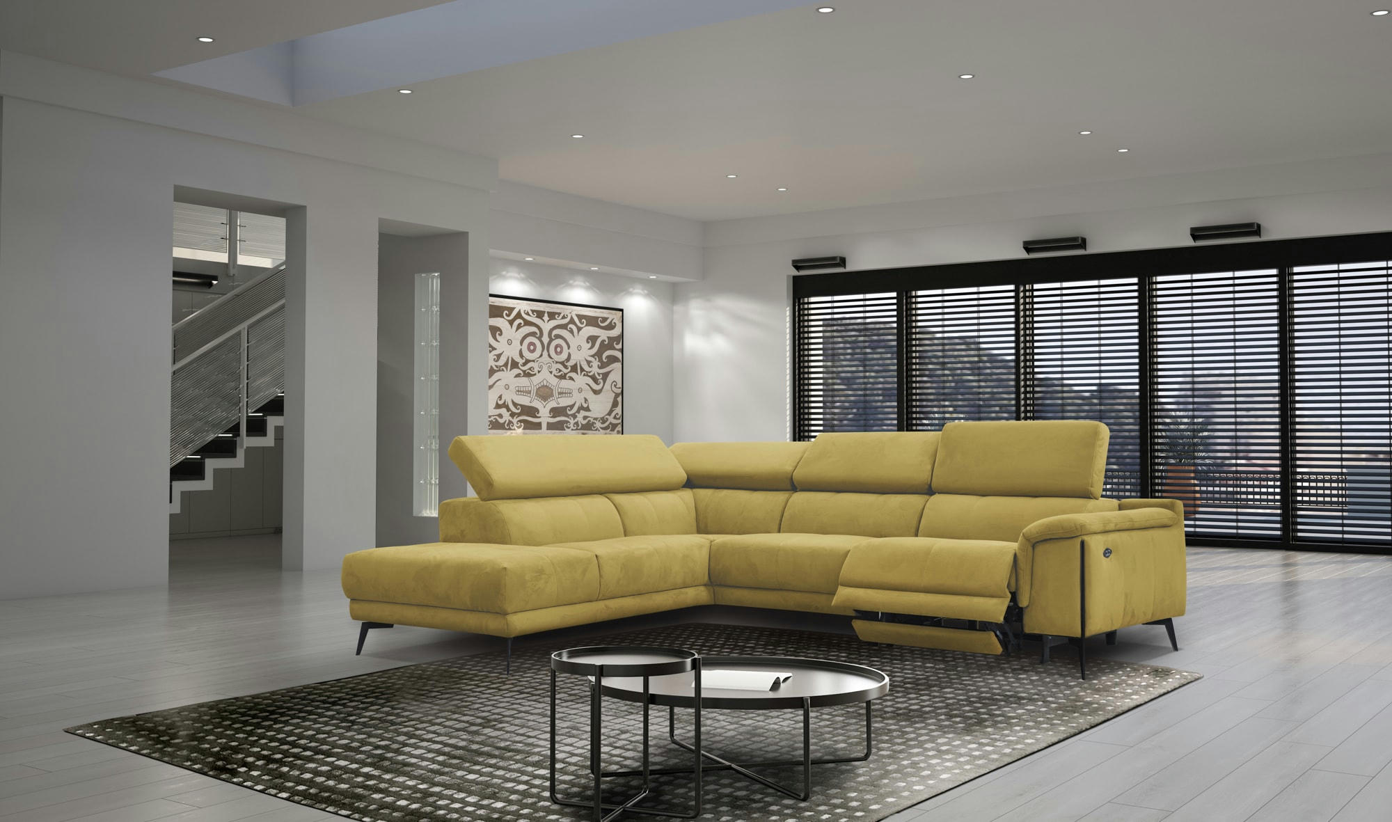 MATERA - Canapé d'angle droit 5 places avec une relax électrique, Tissu Jaune