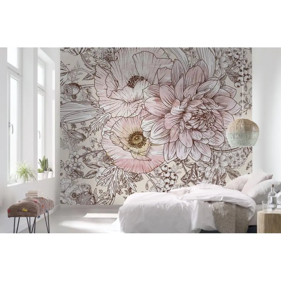 Sanders & Sanders fotobehang bloemen roze en beige - 300 x 280 cm