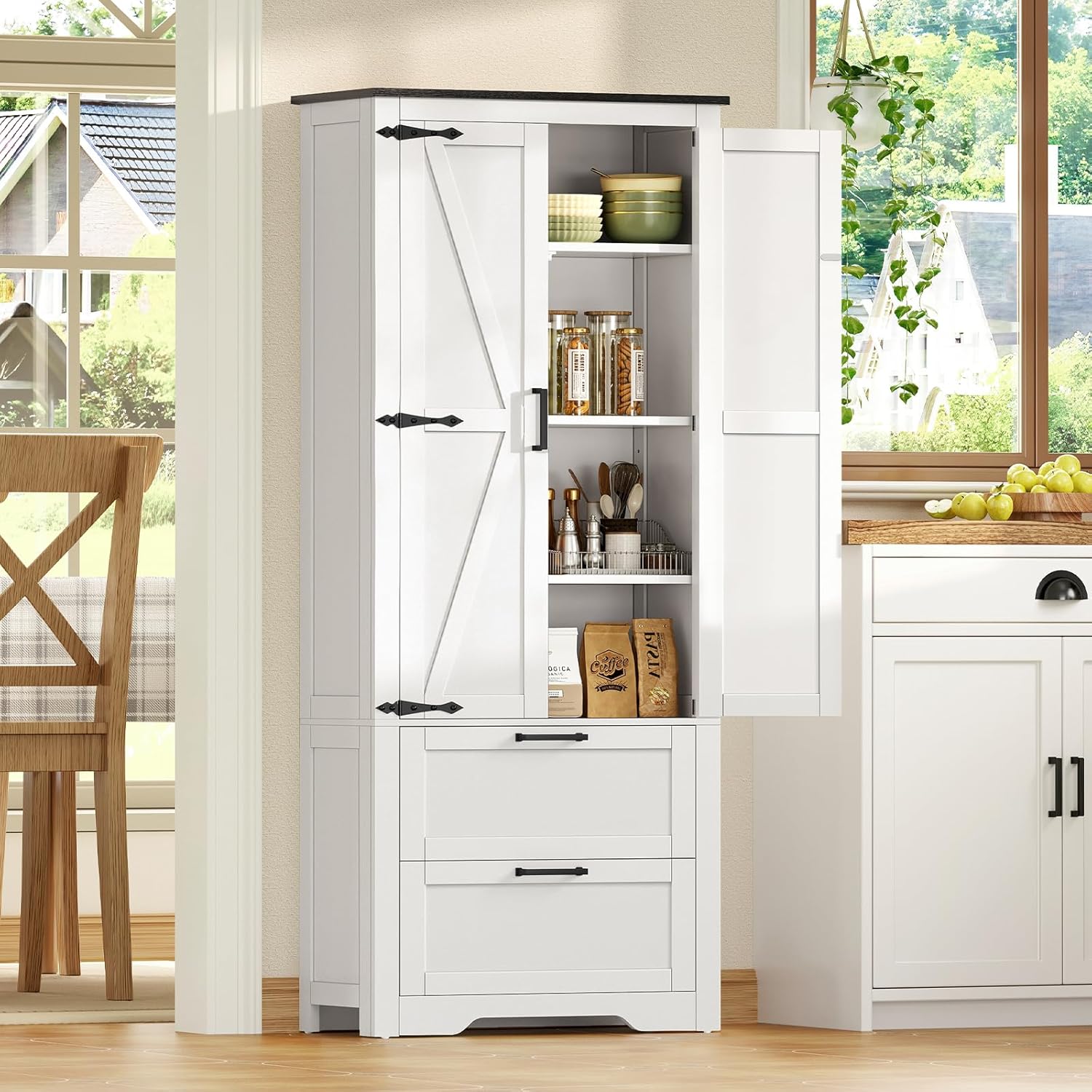 TEENFON 66.2 H Storage Cabinet with 2 Drawers, Farmhouse Kitchen Pantry Cabinet with 2 Doors & Adjustable Shelf, Bathroom Cabinet, for Living Room, Kitchen, Bathroom, White
