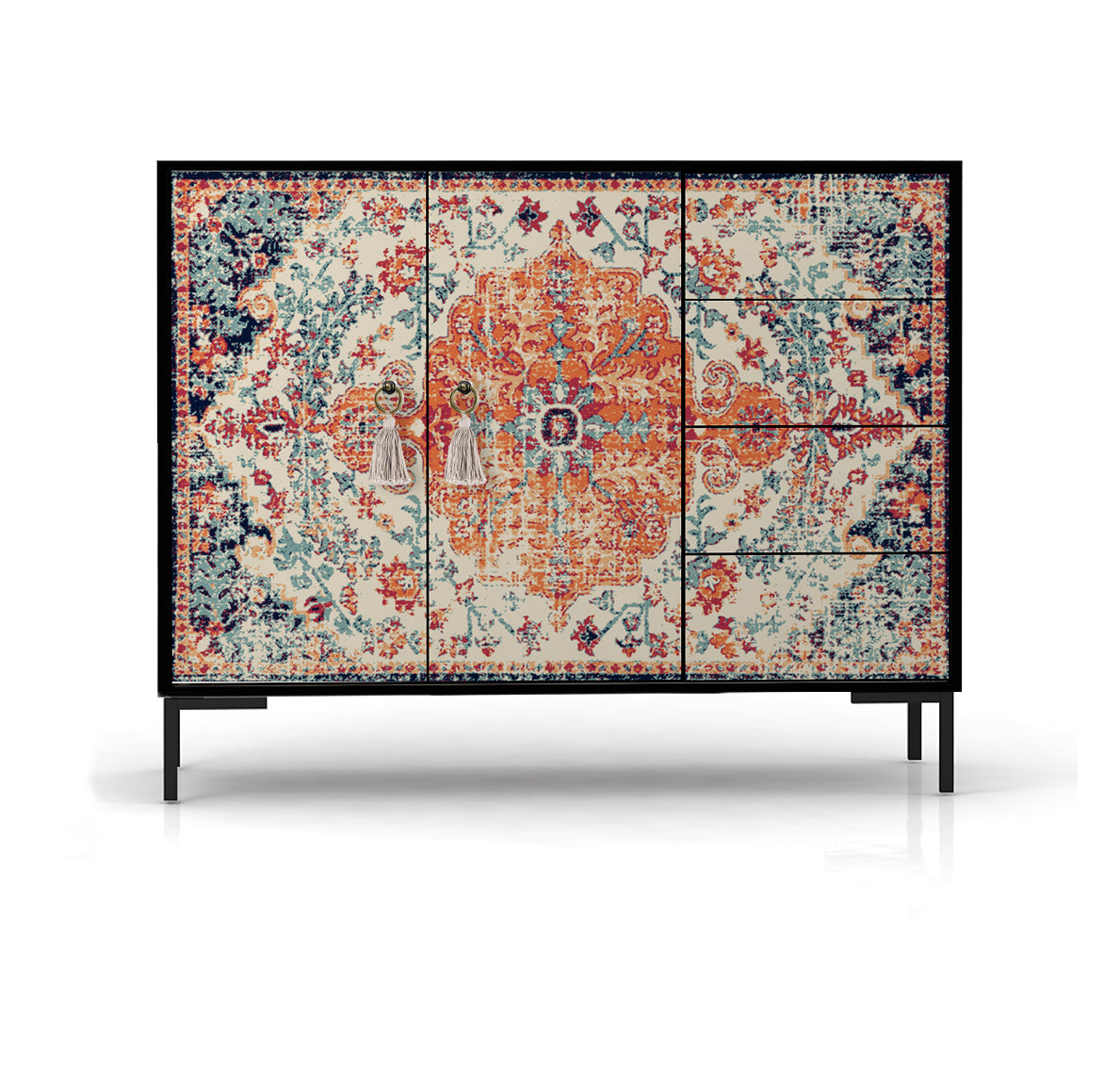 Laag dressoir met 2 deuren en 4 laden van MDF met Vintage tapijt patroon