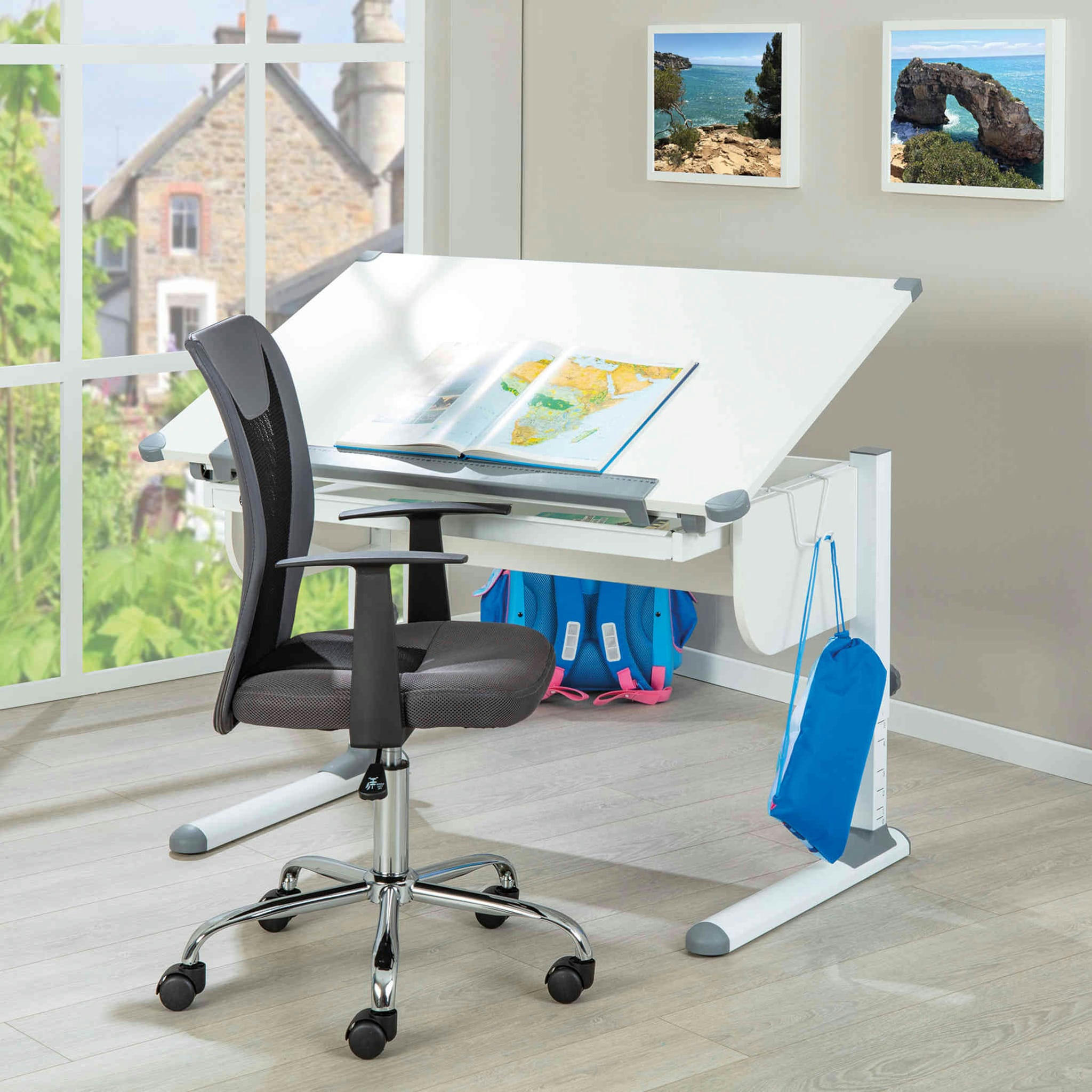 - Bureau évolutif à plan inclinable en bois 1 tiroir blanc