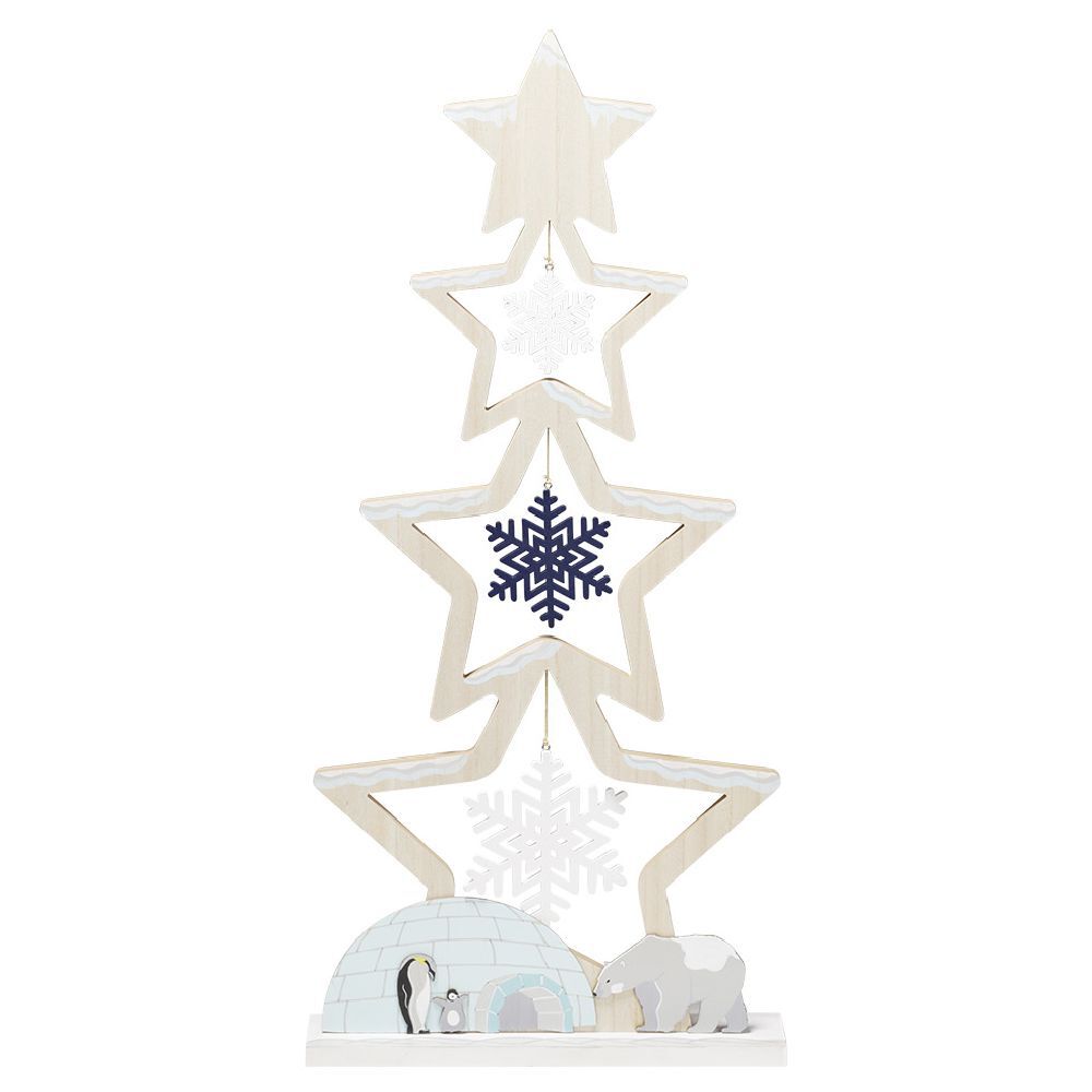 Sapin bois à poser décor flocons banquise bleu et blanc H75cm