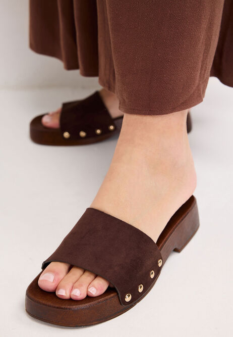 Womens Brown Faux Suede Open Toe Clog