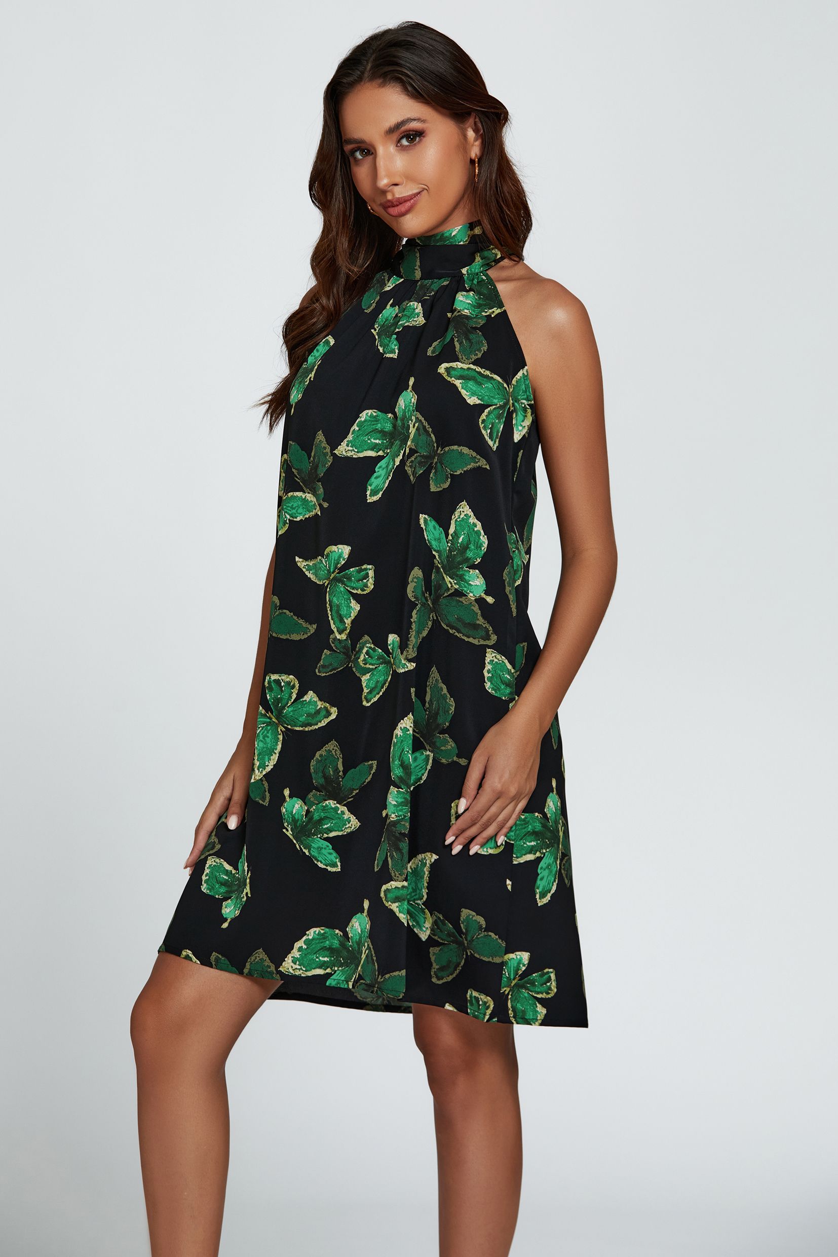 FS Collection Butterfly Print Halter Neck Tie Back Mini Dress In Green