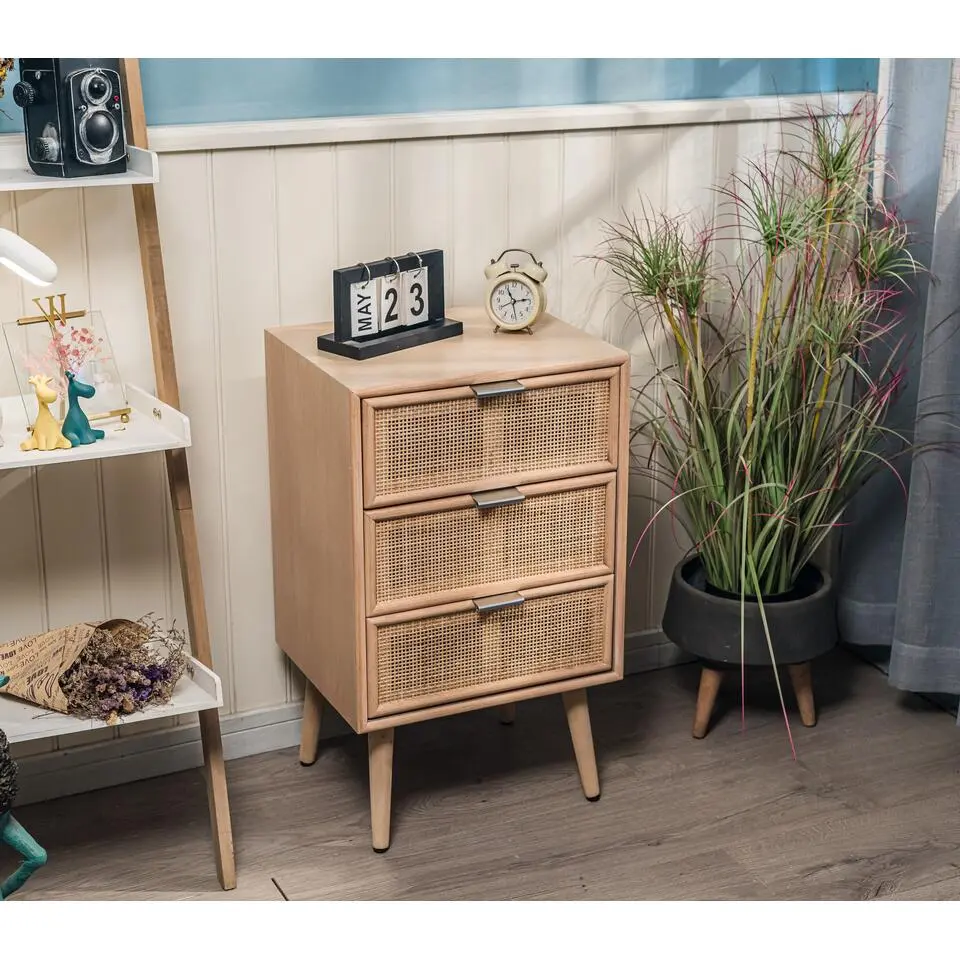 Ladenkastje met 3 lades van hout en natuurlijk rotan