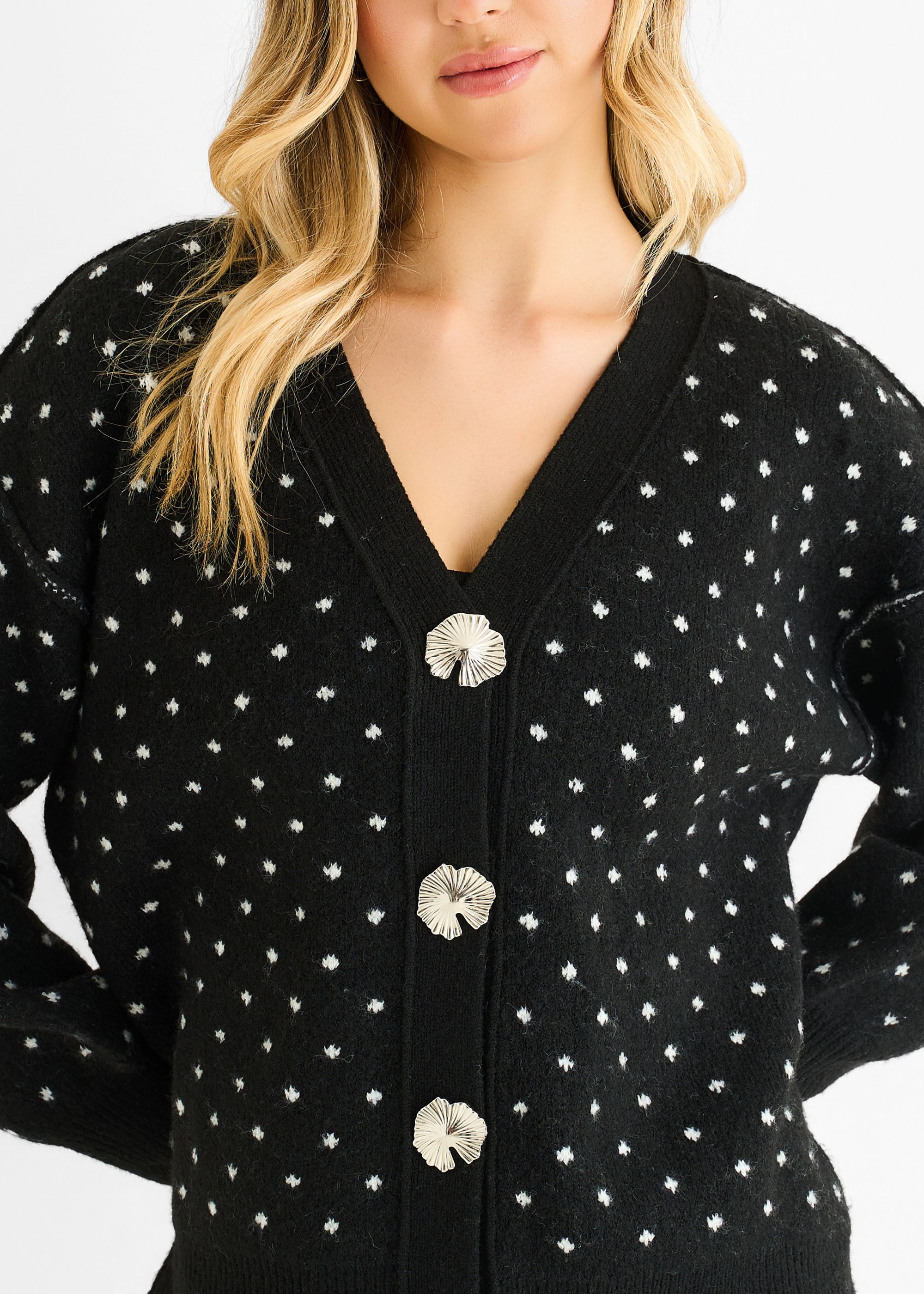 Gini London Black Spot Print Button Cardigan Look Jumper