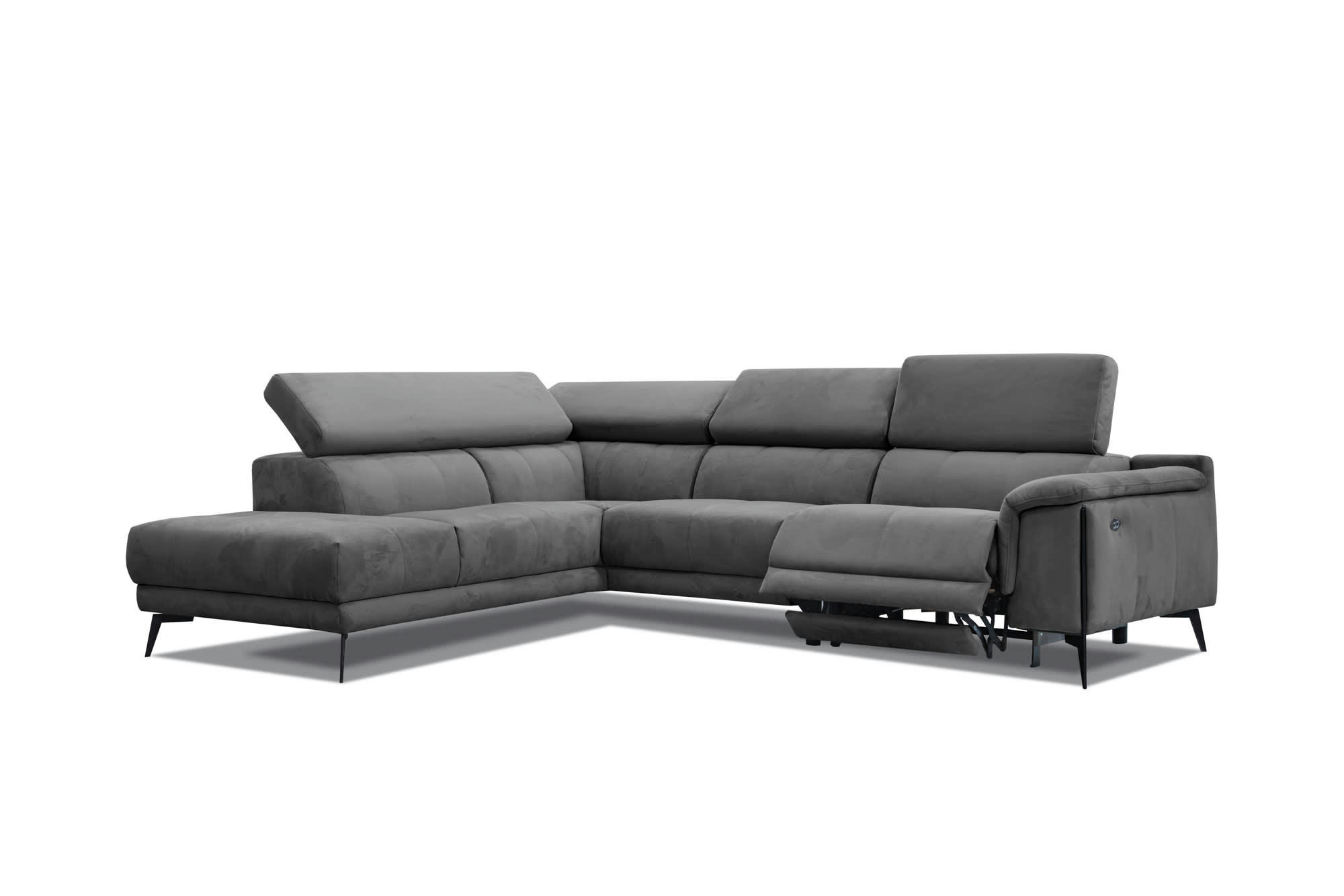 MATERA - Canapé d'angle droit 5 places avec une relax électrique, Tissu Gris