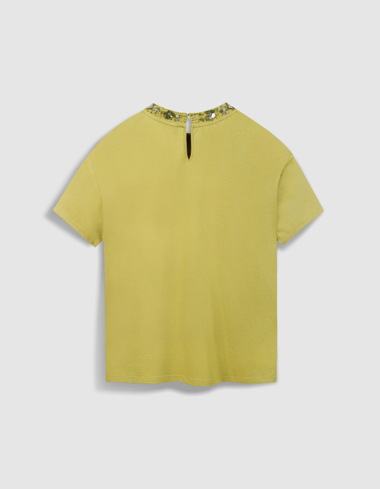Tee-shirt manches courtes vert col bijou Femme