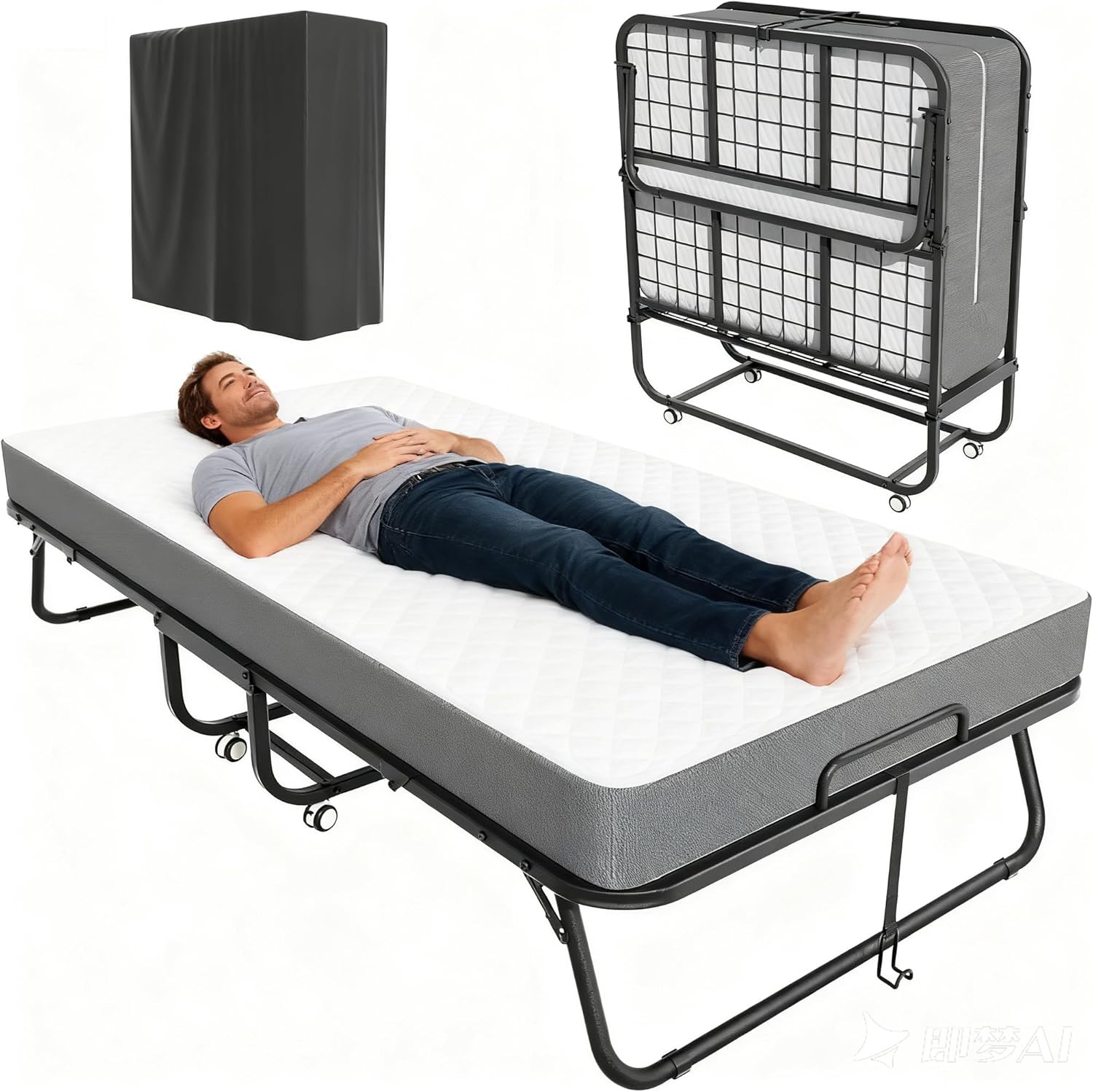 Pataku Folding Bed with Mattress, Twin Foldable Bed, Roll Away Beds for Adults, 75 x 31 Roll Away Portable Beds with 5 Mattress, Folded Frame for Small Apartment, Guest Room