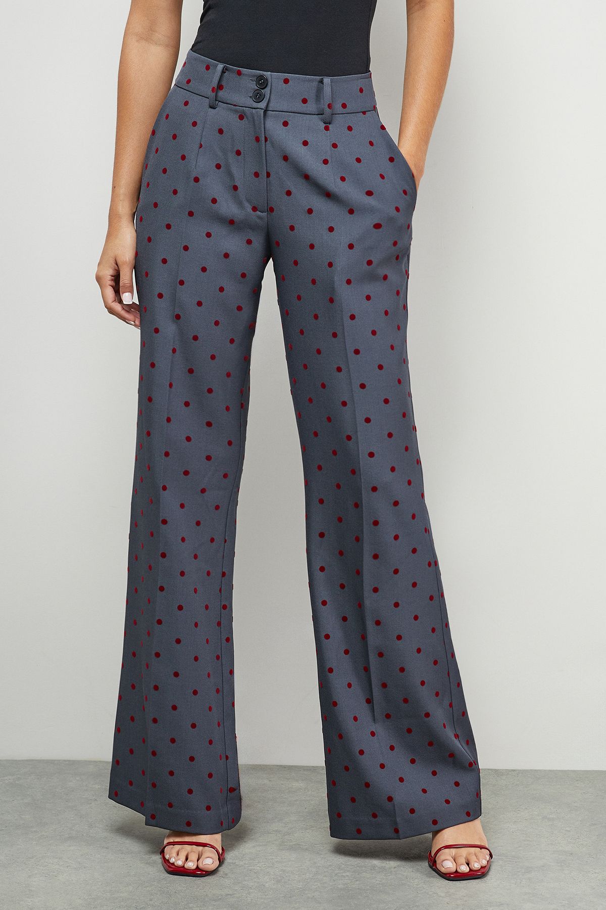Warehouse Burgundy Velvet Polka Dot High Waist Deep Waistband Trouser Co-Ord