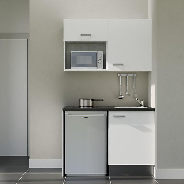 Kitchenette K07 façades Blanc - Plan de travail Noir texturé - Crédences : Non - Evier inox - Electroménager Inox inclus