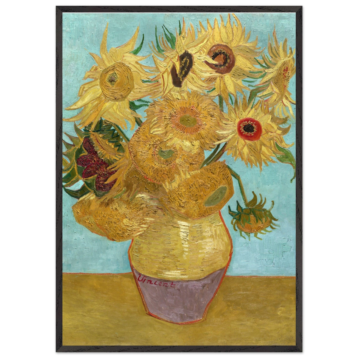 Poster met Lijst Vincent van Gogh - Vaas met twaalf zonnebloemen  - 70x100 cm - Blauw