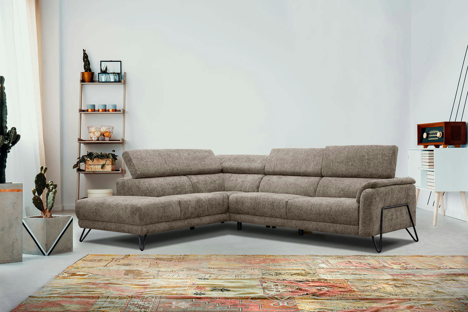 RODEN - Canapé d'angle gauche 5 places tissu beige foncé