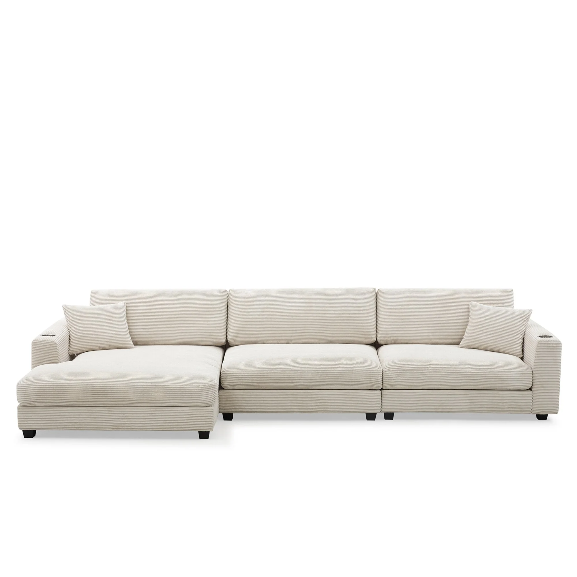 Contemporary Sectional Sofa with Extra bWide Chaise and Corduroy Upholstery and USB Ports, for Living Room or Guest Room
