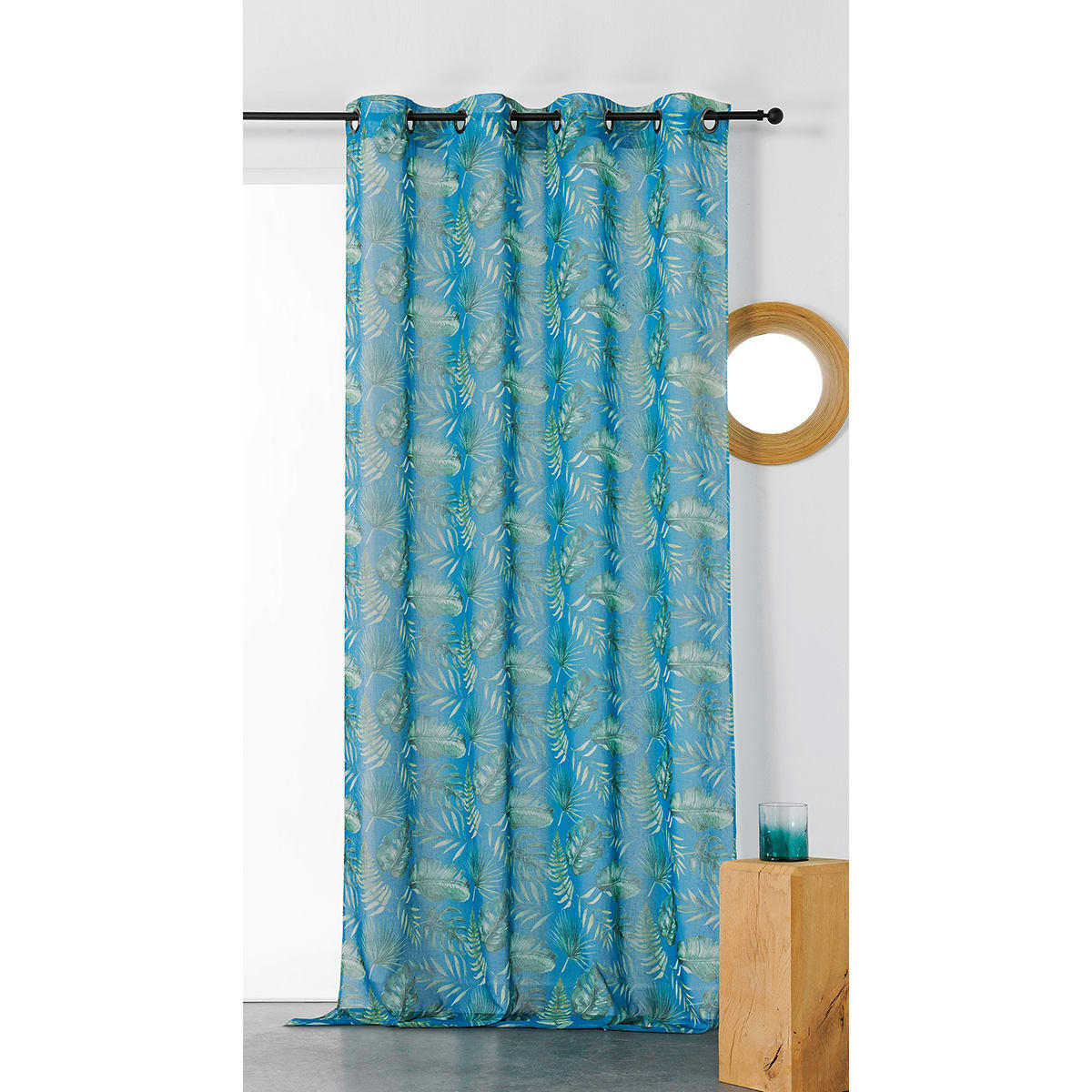 - Voilage tamisant imprimé mini végétaux polyester bleu 260 x 150
