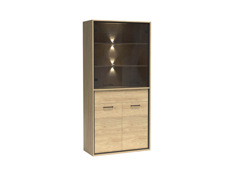 Witryna MILAN 92 cm Natural Hikora / Czarny Szuflady Drzwi Industrialna