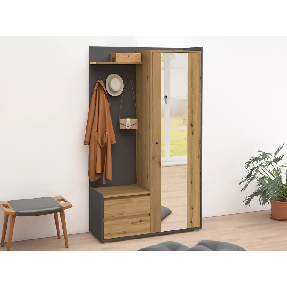 Kosmo - Kledingkast met spiegel en 2 deuren en antraciet eiken effect