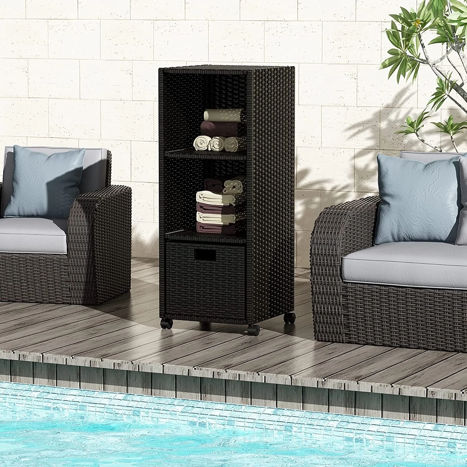 3 Layer Rattan Storage Rack, Outdoor Storage Cabinet with Wheels