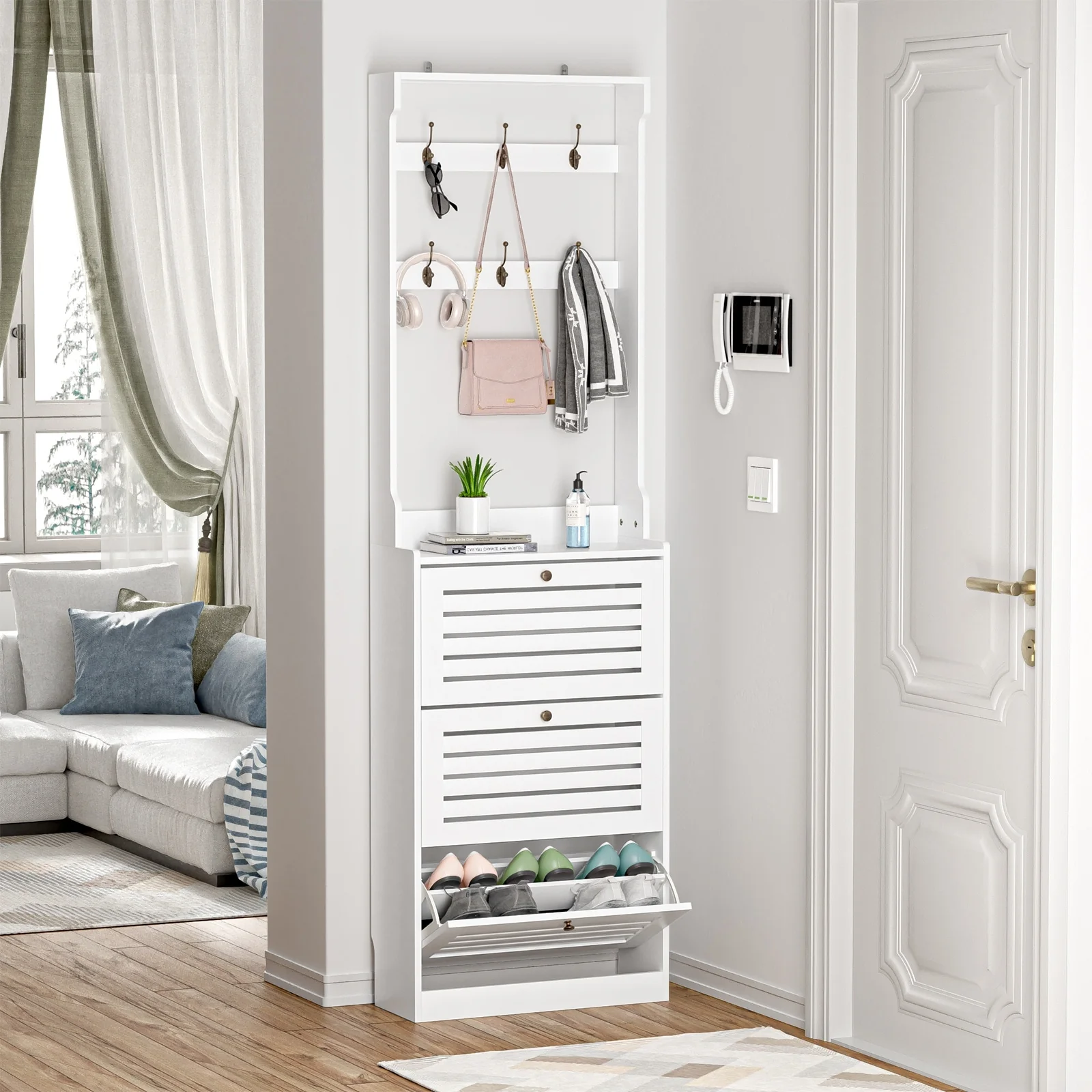 Anmytek White 78.7 H Tall Shoe Cabinet Wood Shoe Rack Organizer with Coat Racks and Flip Drawers