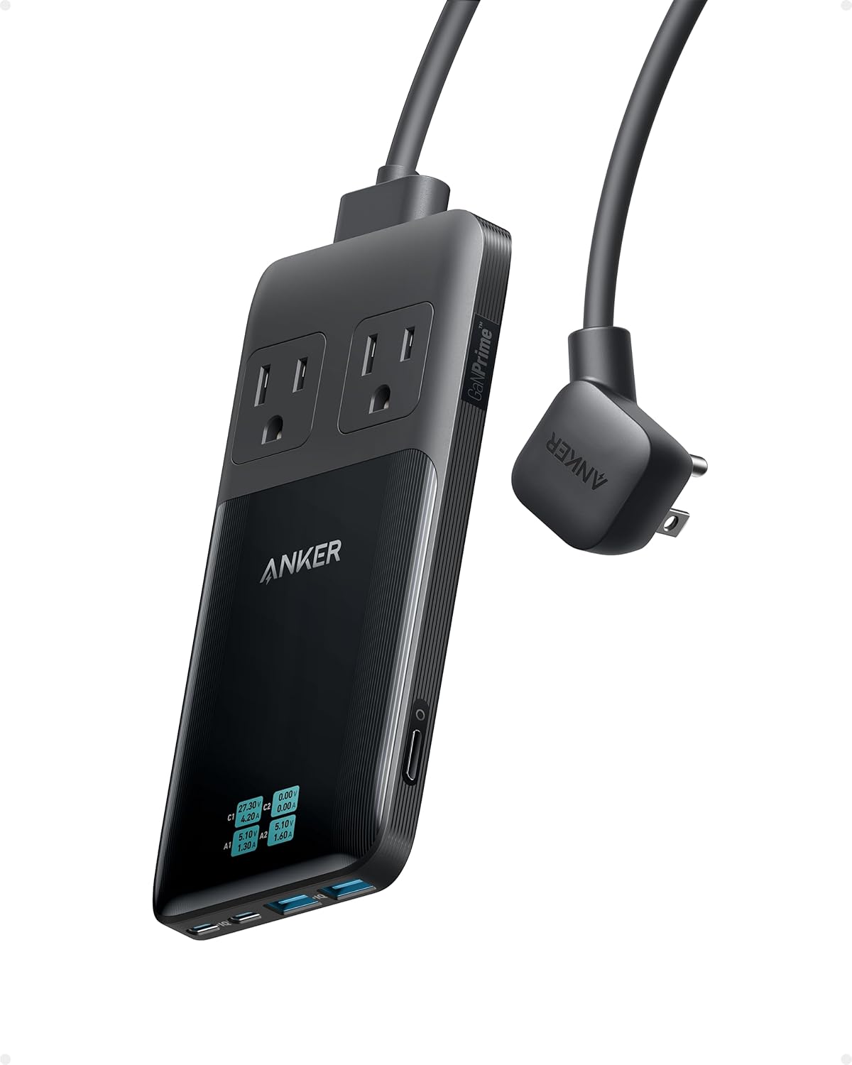 Anker Prime Charging Station, 140W 6-in-1 Travel Power Strip, 5ft Detachable Extension Cord with Multiple Outlets, 2 AC, 2 USB C, 2 USB A, Desk Accessories, Home Office (Non-Battery/Wireless)