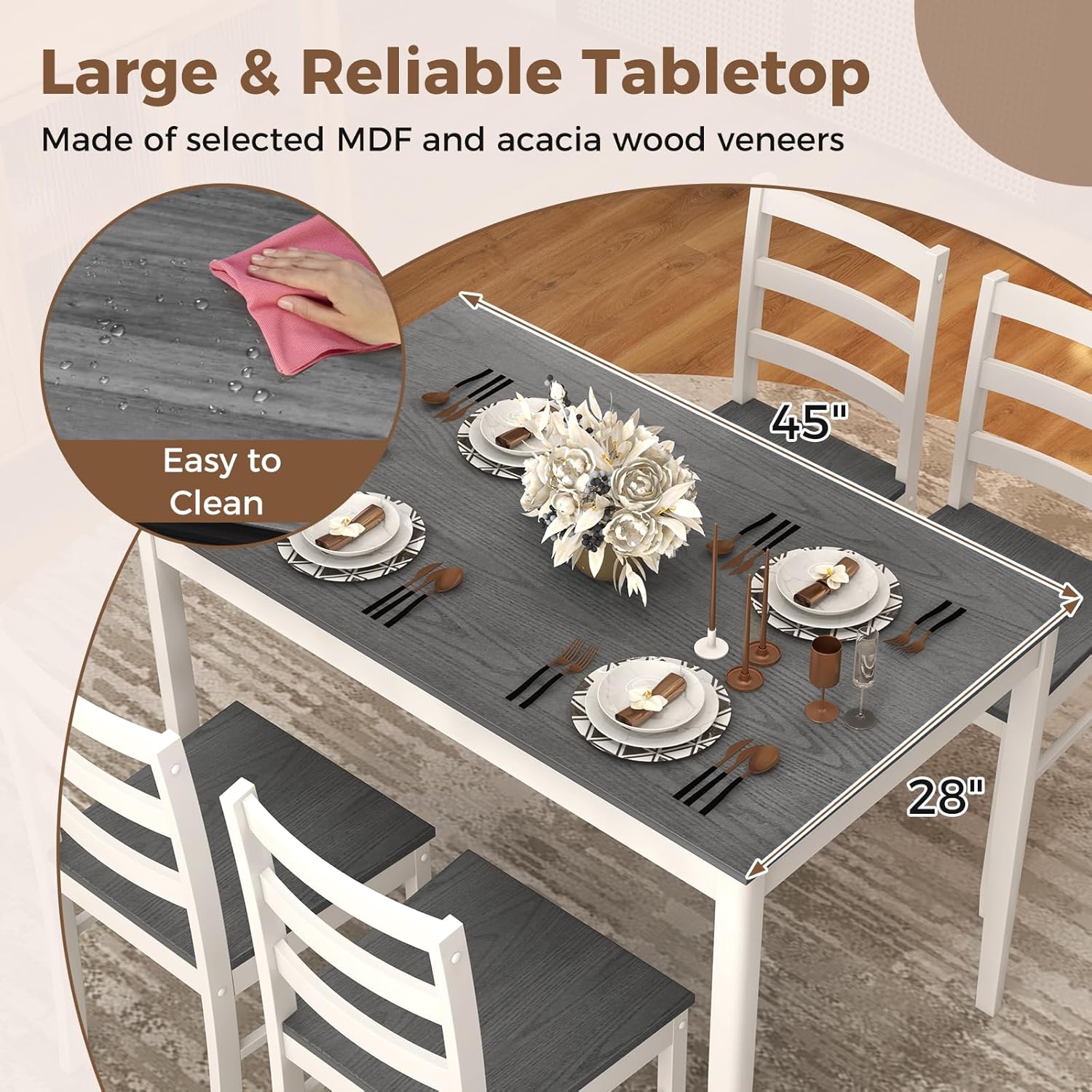 COSTWAY Dining Table Set for 4, Wood Kitchen Table Chairs Set with Rubber Wood Legs, Space-Saving Design, Modern 5-Piece Dinette Set for Small Place, Kitchen, Dining Room, Restaurant (Grey)