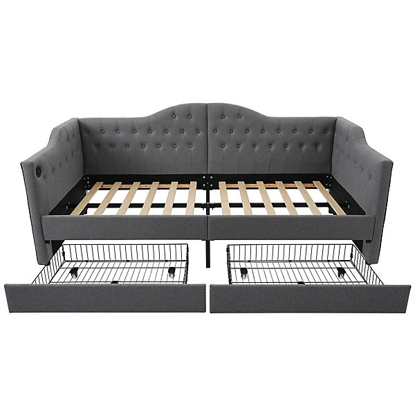 Lit adulte lit 90x190 cm lit rembourré avec 2 tiroirs Single lin gris