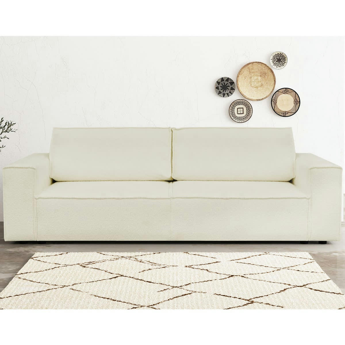 HARPER - Canapé convertible 3 Places avec coffre en tissu bouclette écru