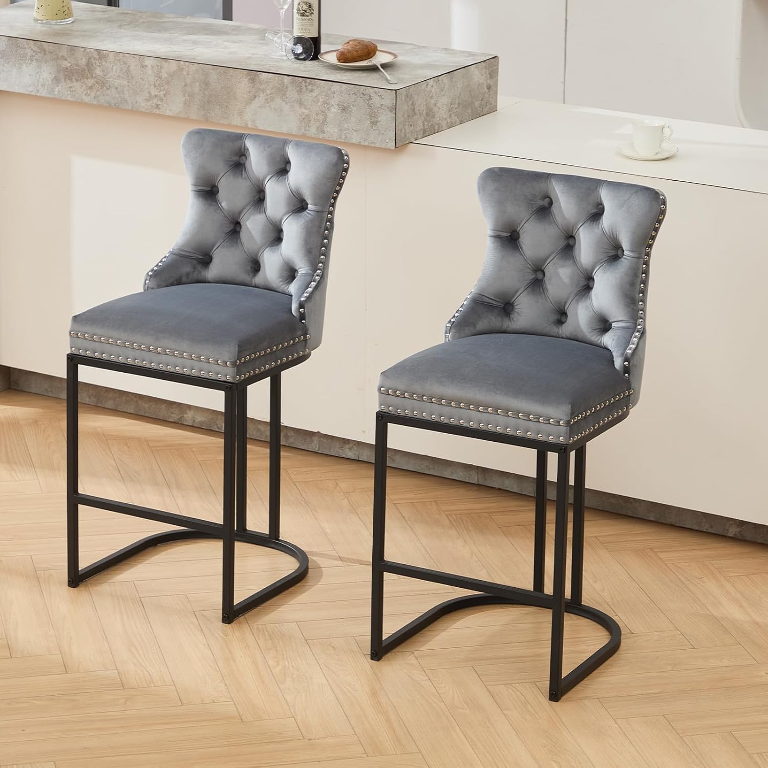 UVV Counter Height Bar Stools Set of 2, 26 Modern Barstools with Back, Velvet Upholstery Counter Chairs with Metal Legs for Kitchen Island, Bar, Counter, Gray