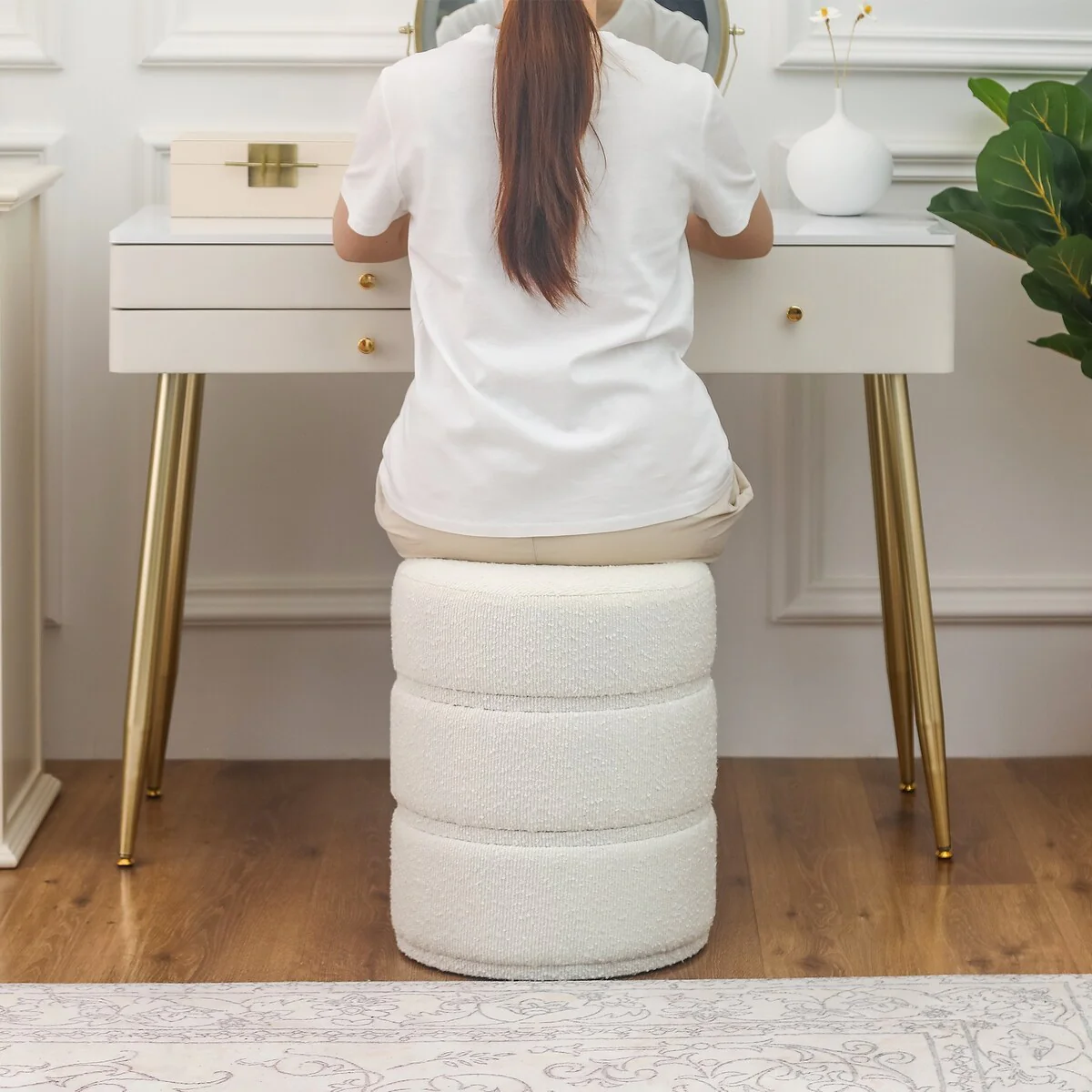 Adeco Round Ottoman 17.9 Height Footrest Vanity Stool