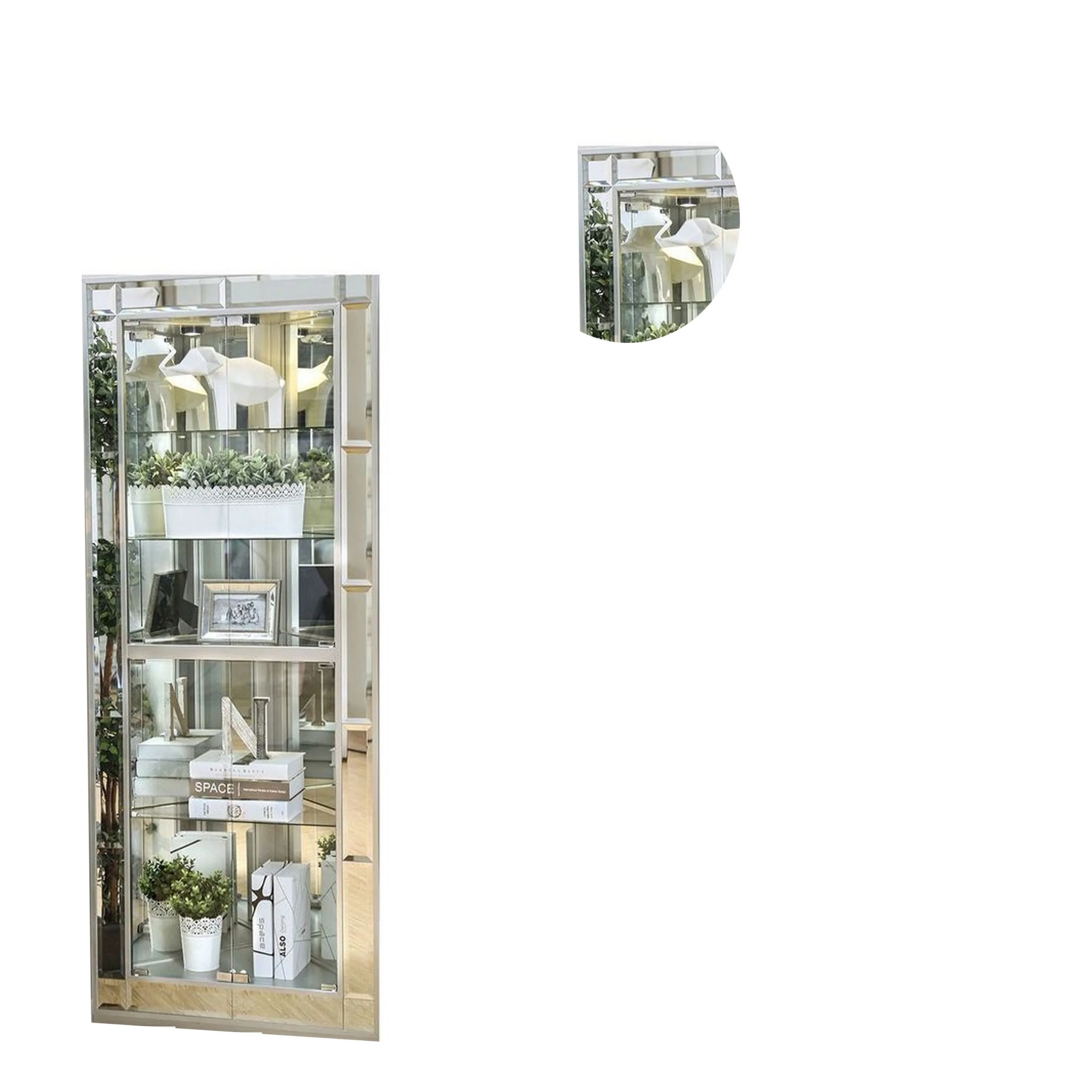 Wood and Glass Corner Curio Cabinet with Five Shelves, Silver