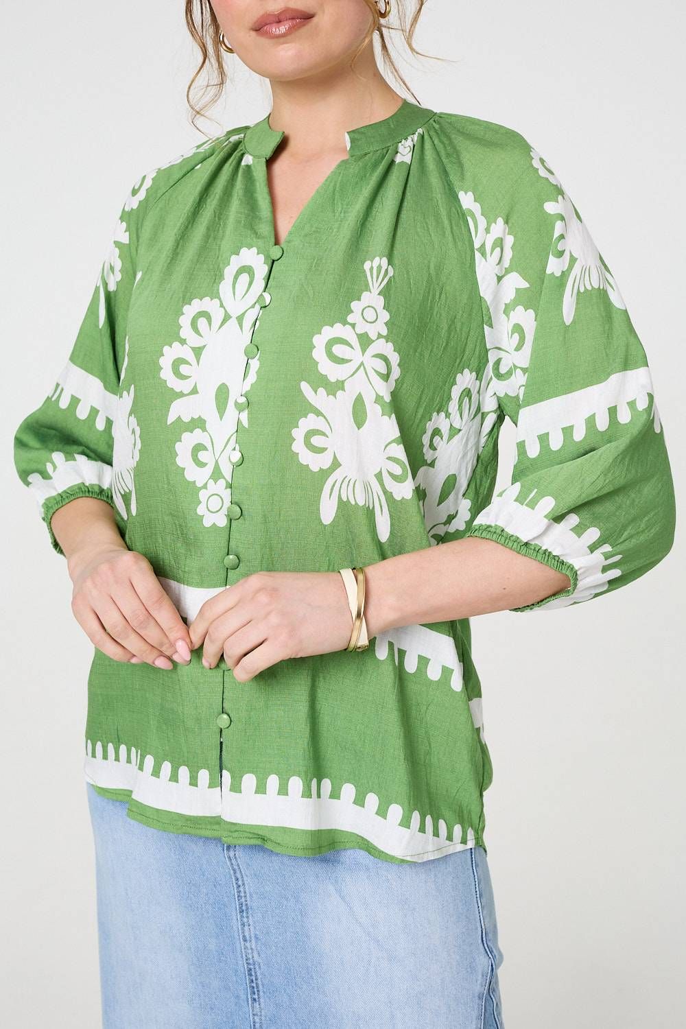 Izabel London Ikat Print 3/4 Sleeve Relaxed Blouse