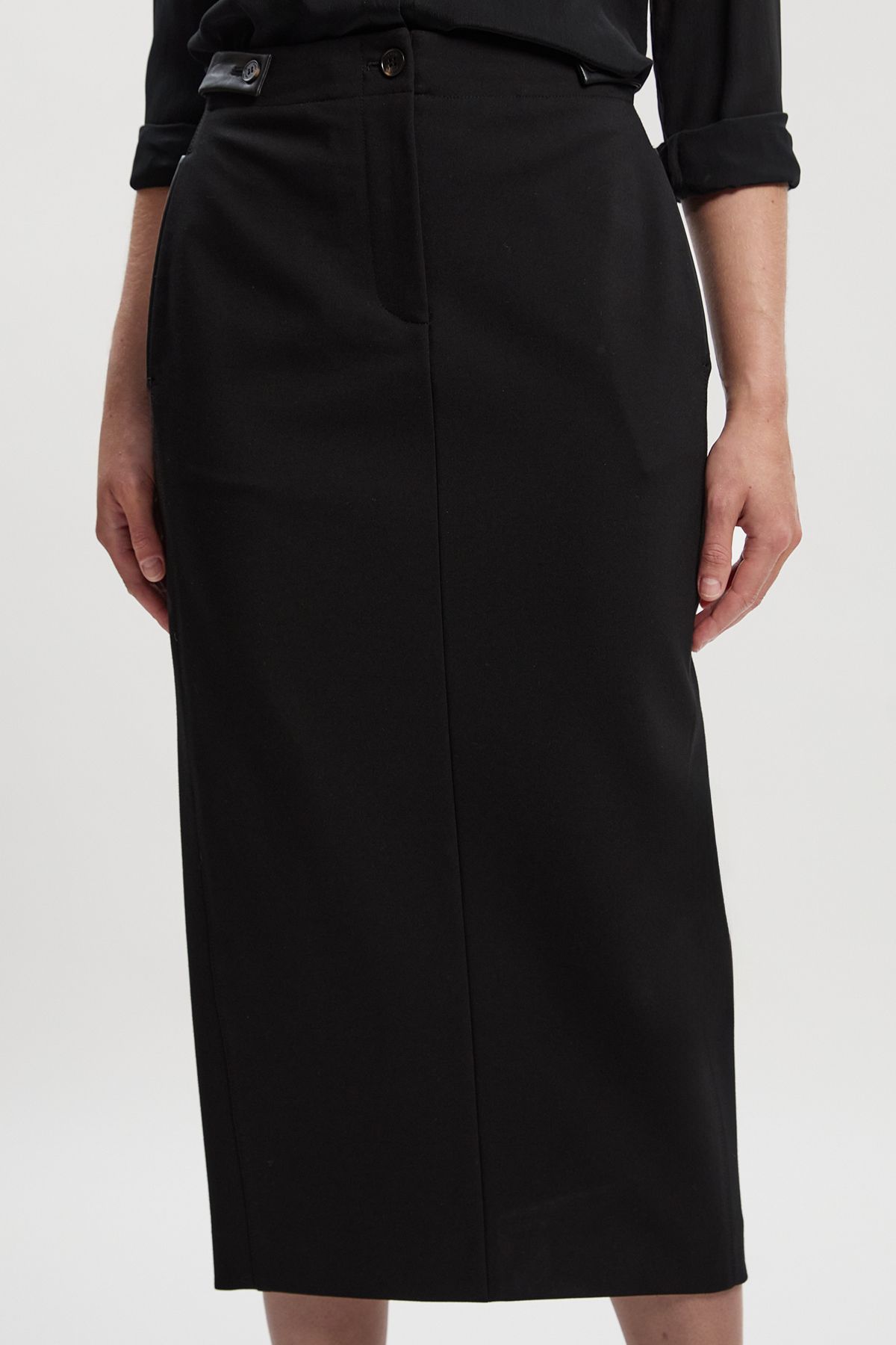 KarenMillen Ponte And Pu Mix Tab Detail Tailored Pencil Midi Skirt