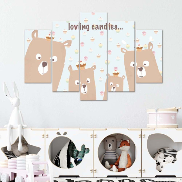 Feeby Obraz 5 częściowy Misie Loving candies 100x70
