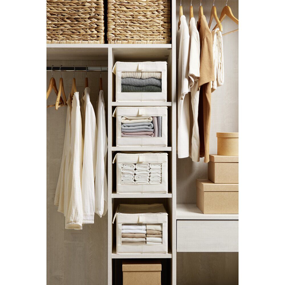 Panière rangement vêtement avec couvercle et fenêtre beige 35,5x26xH21,5cm