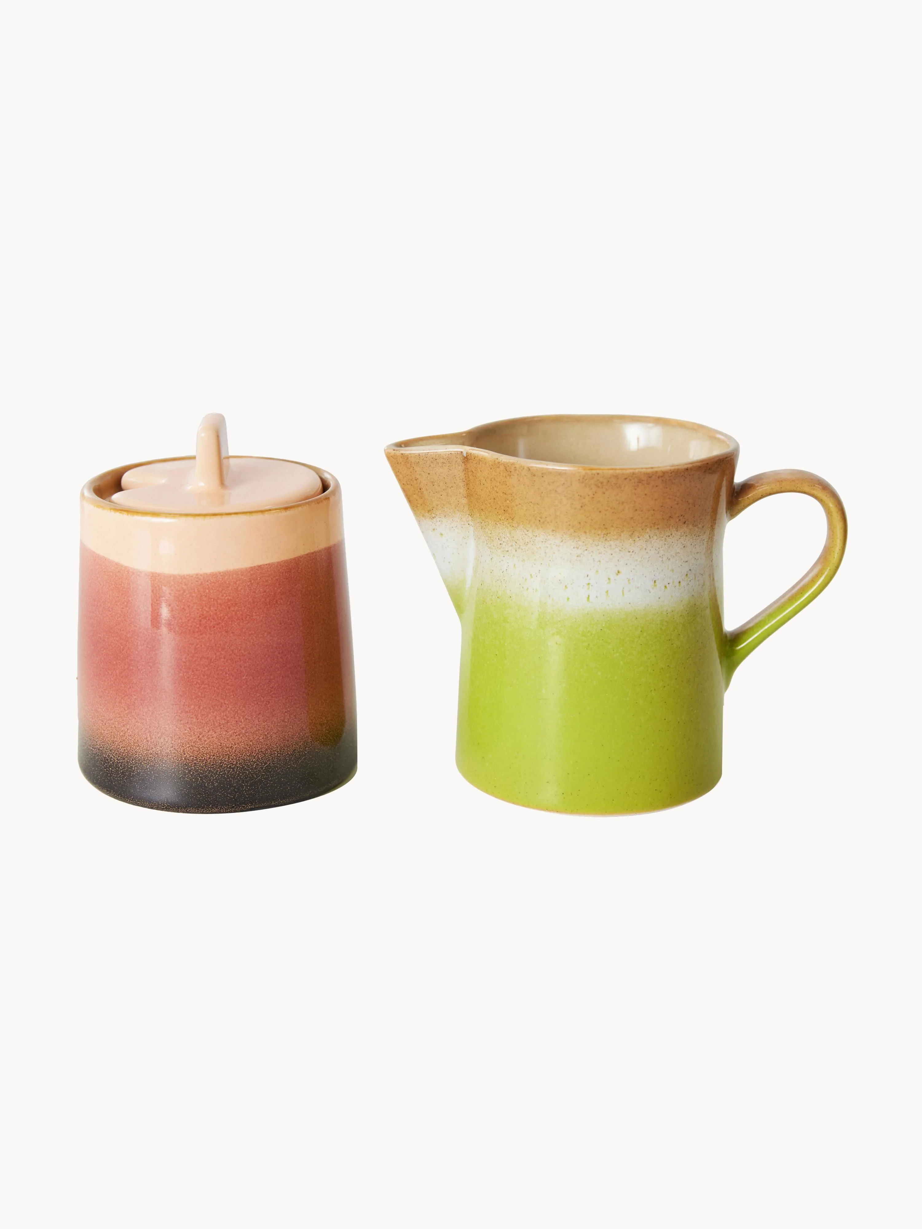 Handgefertigtes Milchkännchen und Zuckerdose 70's mit Reaktivglasur, 2er-Set