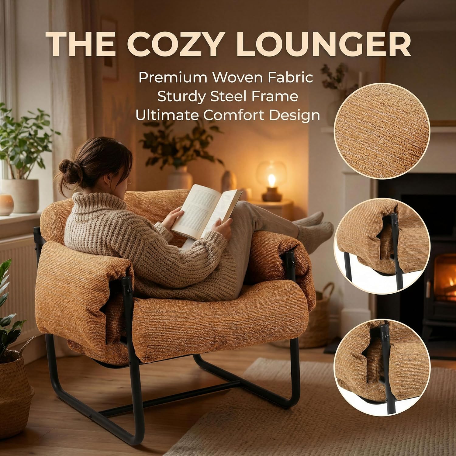 Kinfant Mid Century Modern Accent Chair, Chunky Upholstered Armchair with Metal Frame, Oversized Lounge Chair for Living Room Bedroom Small Spaces, Textured Chenille Fabric, Caramel Brown