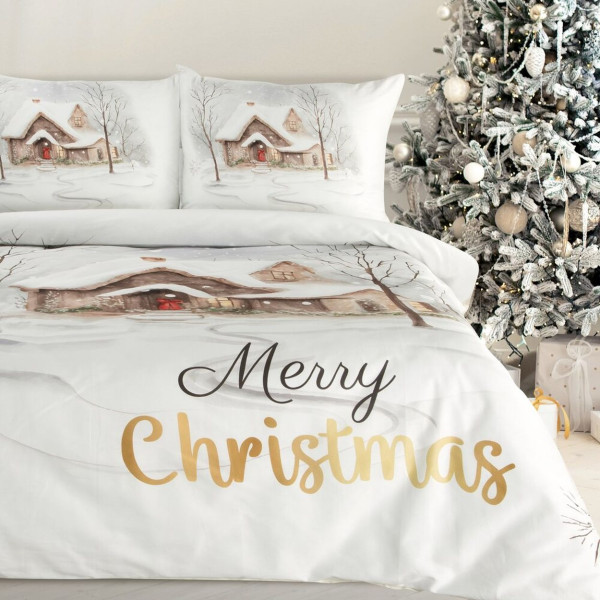Pościel Świąteczna JOYFUL bawełna biała 140x200 cm napis Marry Christmas