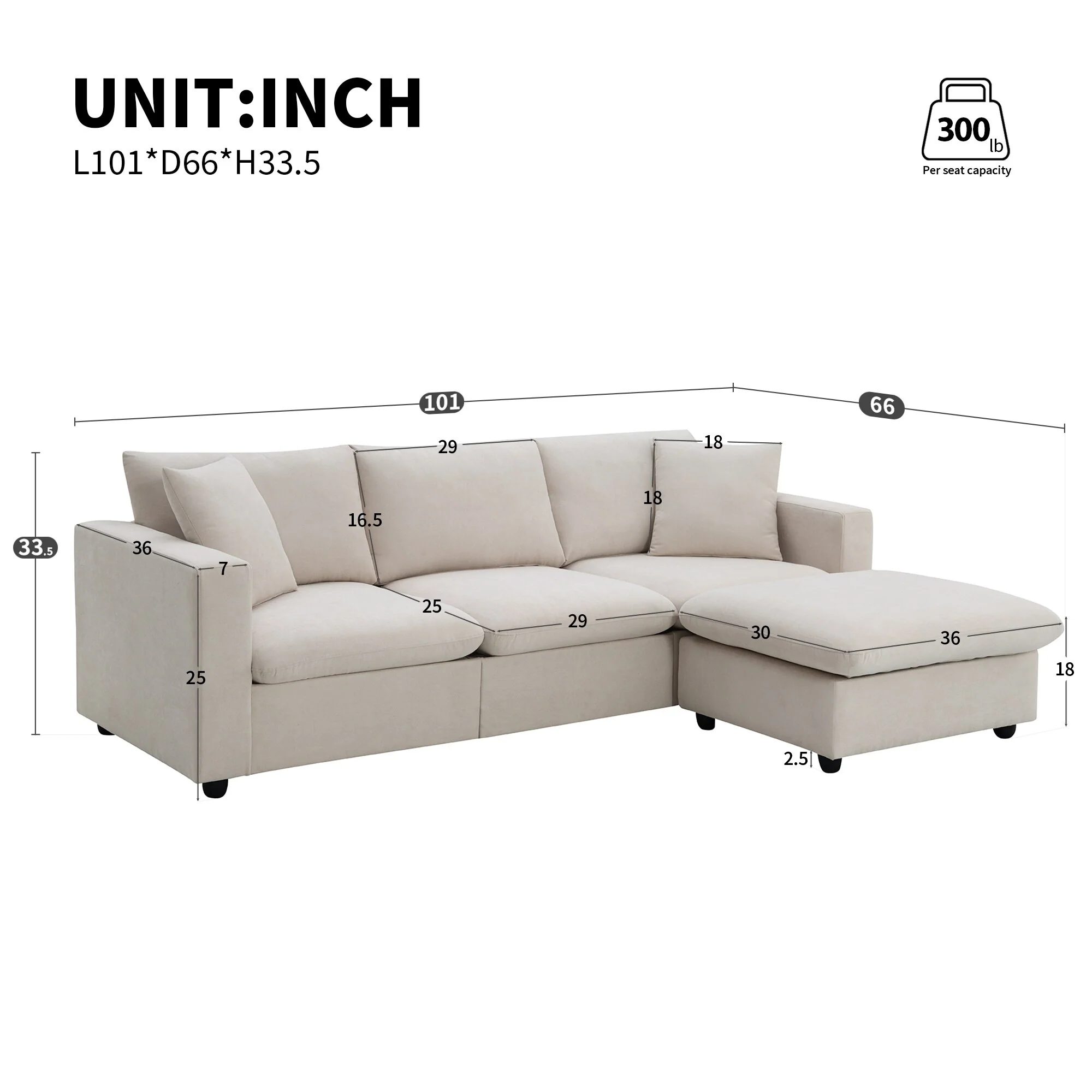 L-shape Sectional Sofa with 2 Pillows, Convertible Sleeper Couches wOttoman Chaise Lounge, Modern Loveseat Sofa for Living Room